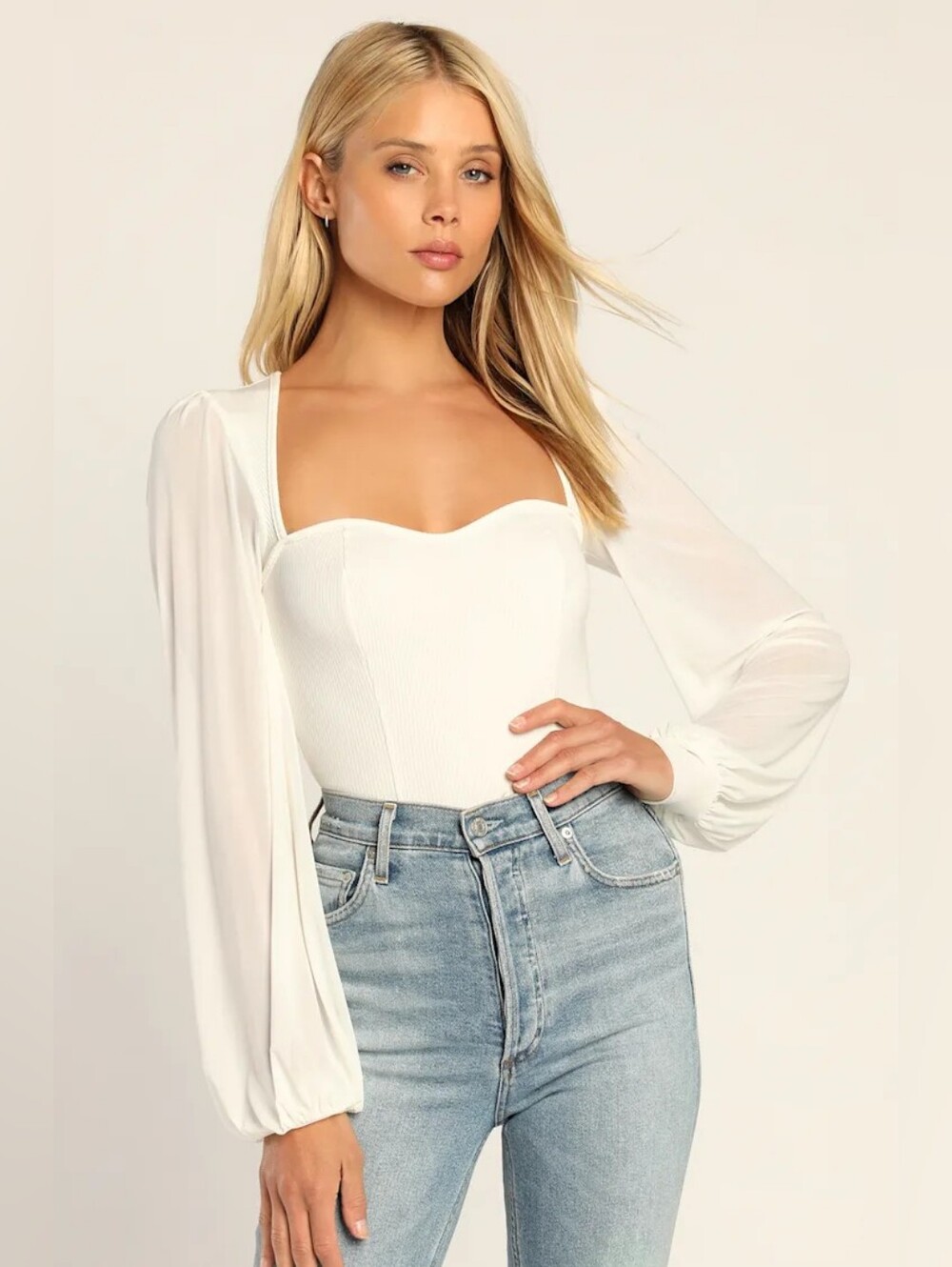 White Balloon Sleeve Bodysuit